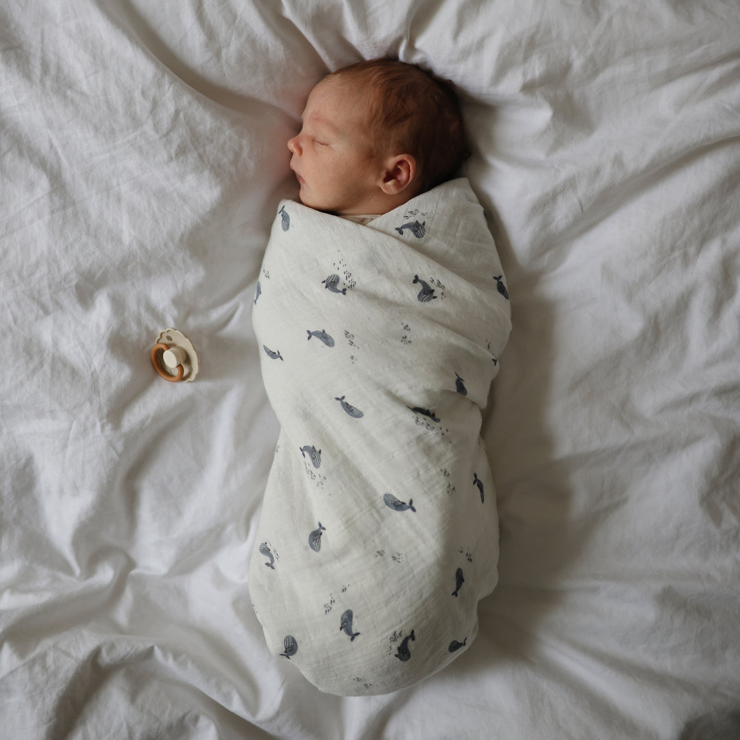 Mushie Organic Cotton Muslin Swaddle Blanket- Whales