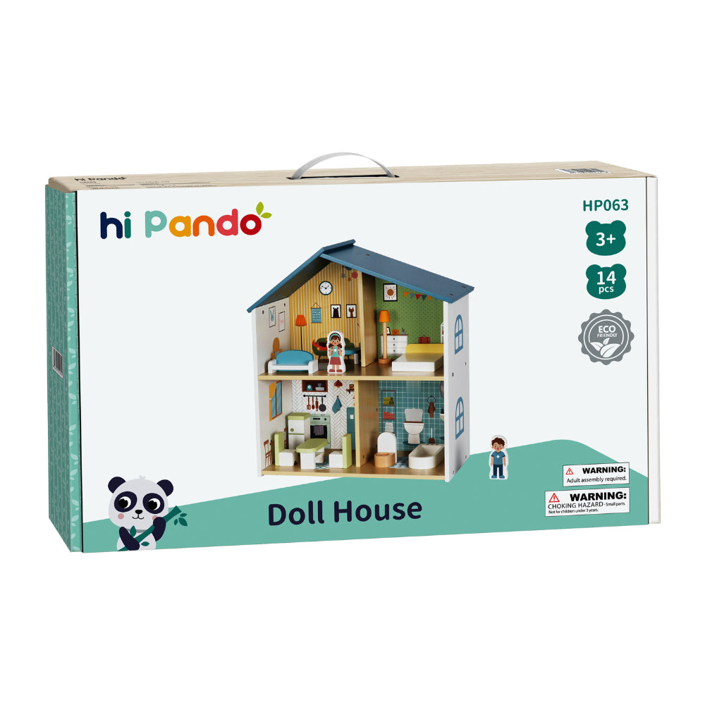 Hi Pando Pretend & Play - Wooden Doll House With Figurines - 14 Pieces