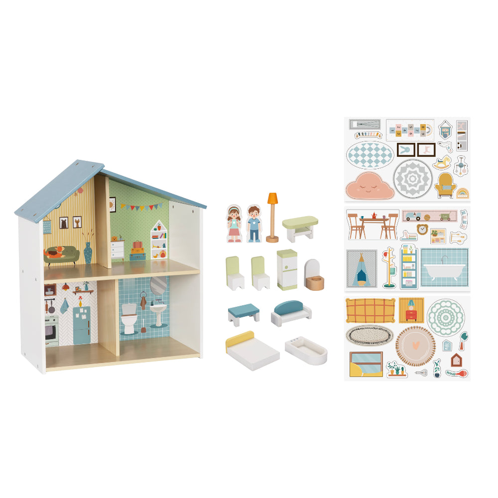 Hi Pando Pretend & Play - Wooden Doll House With Figurines - 14 Pieces