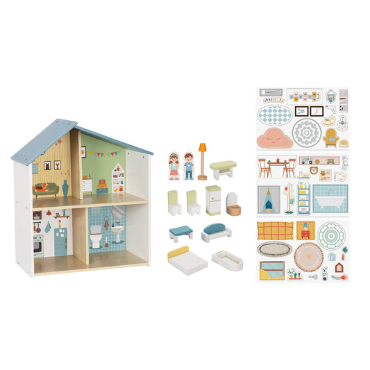 Hi Pando Pretend & Play - Wooden Doll House With Figurines - 14 Pieces