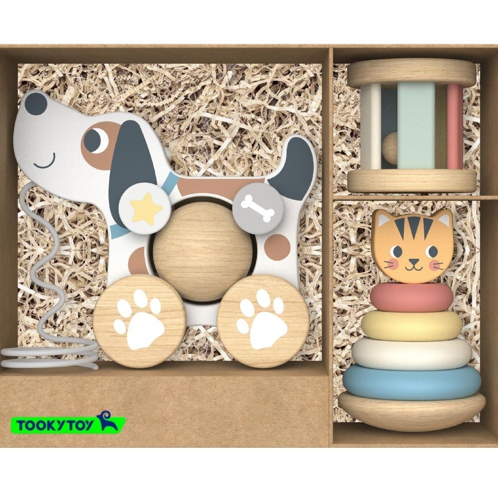 TookyToy - 3-in-1 Wooden Toy Gift Set - Rattle, Stacking Tower and Pull-Along Puppy