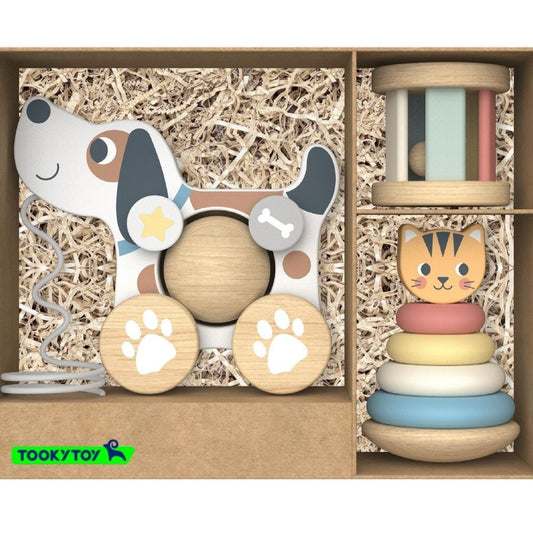 TookyToy - 3-in-1 Wooden Toy Gift Set - Rattle, Stacking Tower and Pull-Along Puppy