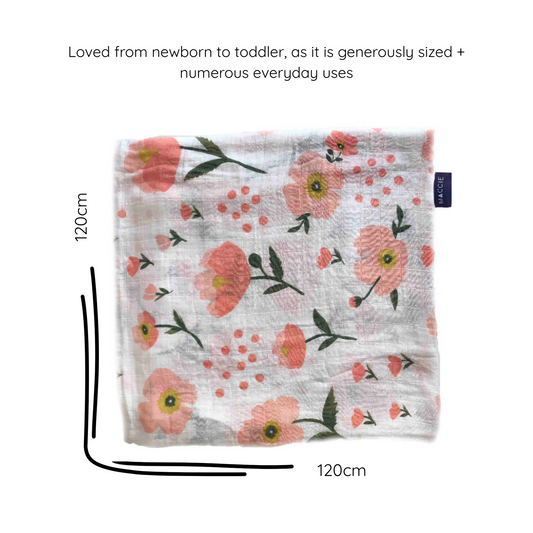 MACCIE bamboo muslin swaddle baby blanket | pink poppy flowers