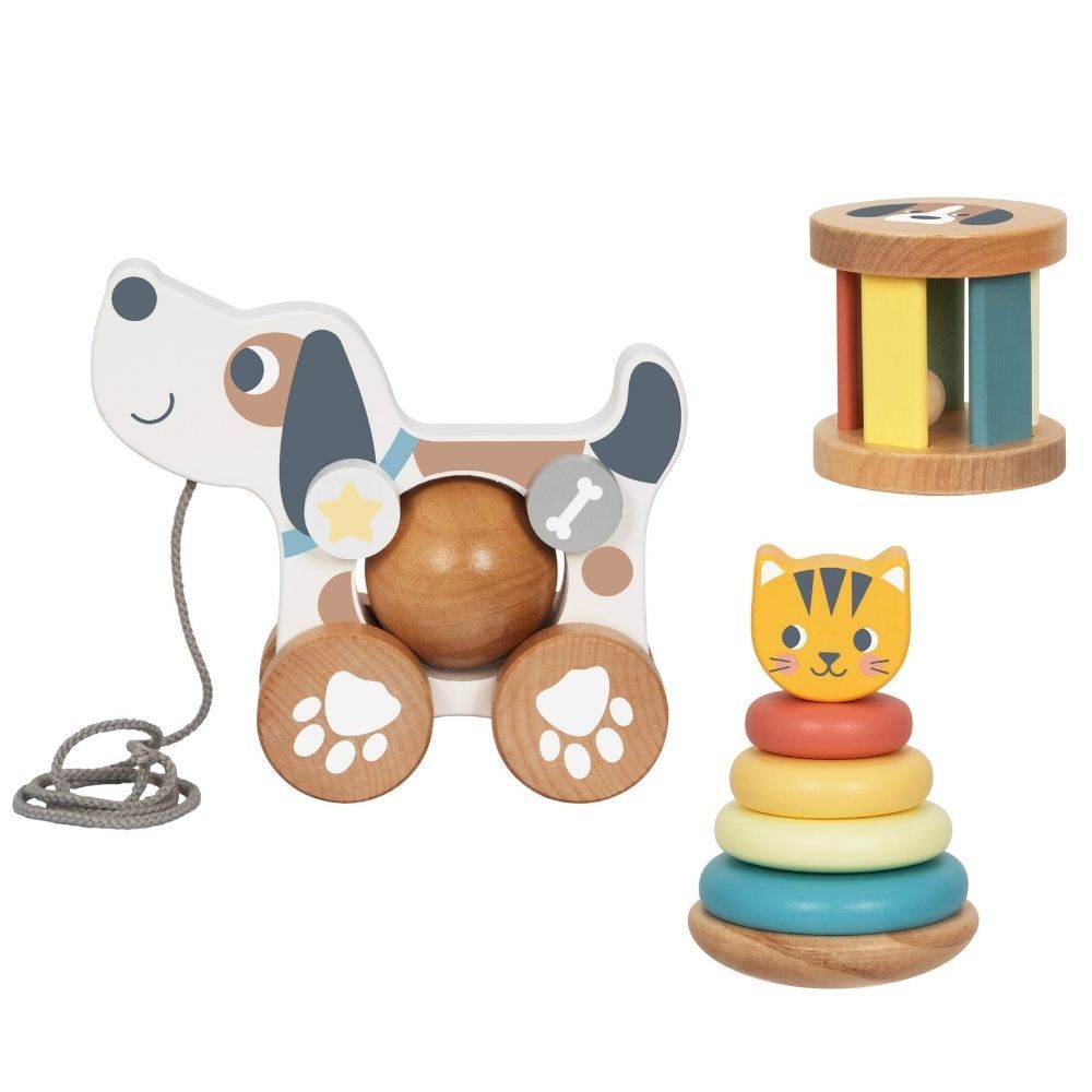TookyToy - 3-in-1 Wooden Toy Gift Set - Rattle, Stacking Tower and Pull-Along Puppy