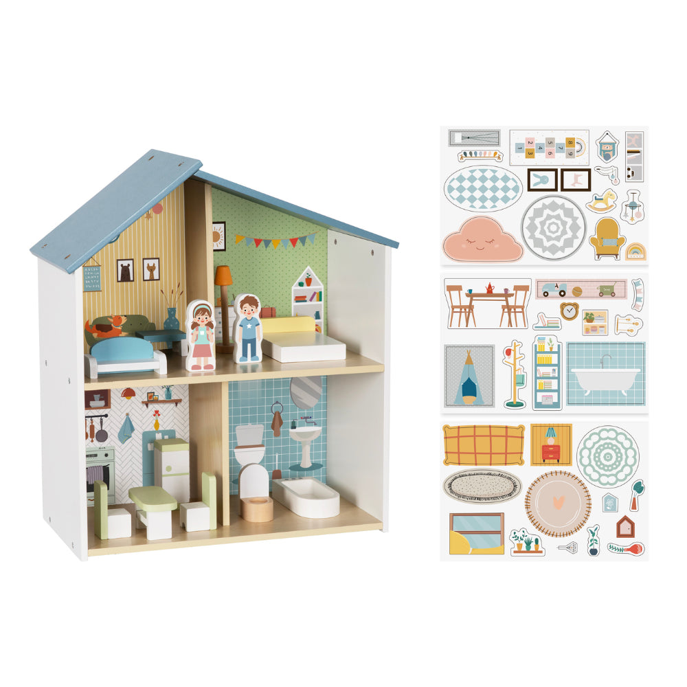 Hi Pando Pretend & Play - Wooden Doll House With Figurines - 14 Pieces