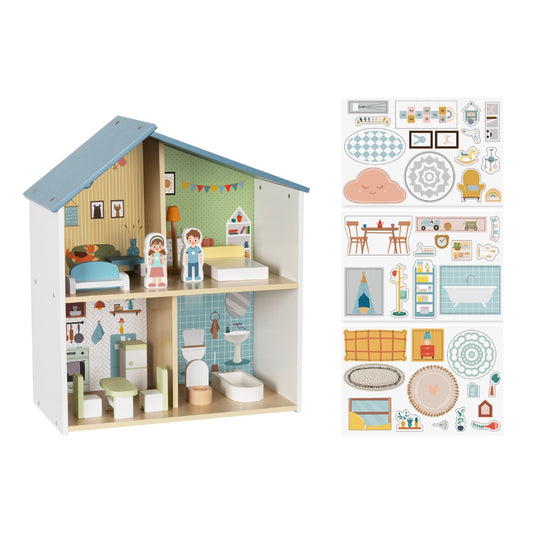 Hi Pando Pretend & Play - Wooden Doll House With Figurines - 14 Pieces