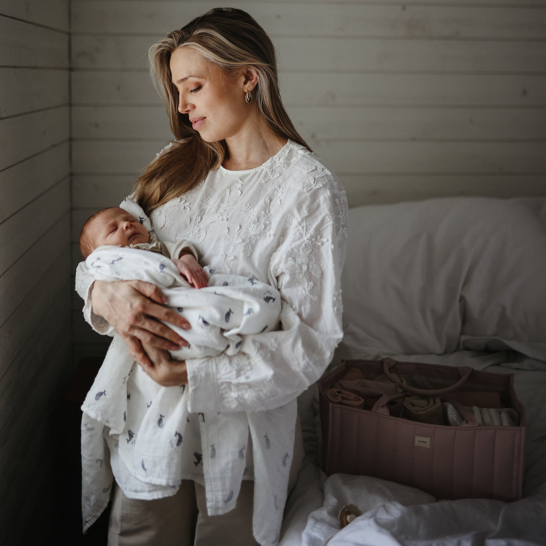Mushie Organic Cotton Muslin Swaddle Blanket- Whales