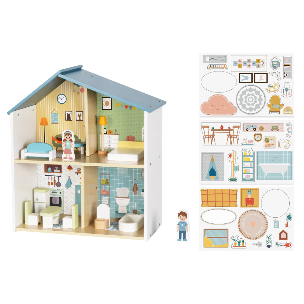 Hi Pando Pretend & Play - Wooden Doll House With Figurines - 14 Pieces