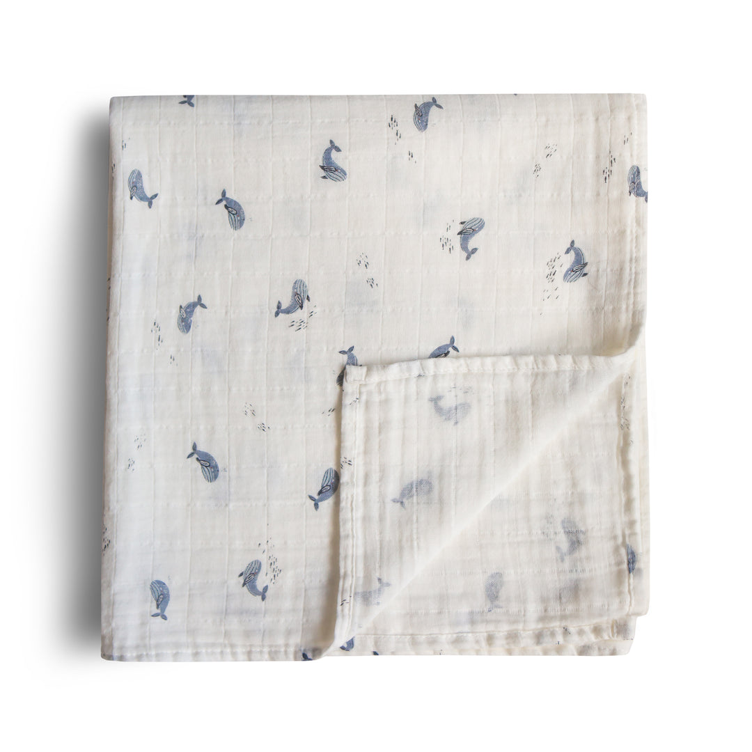 Mushie Organic Cotton Muslin Swaddle Blanket- Whales