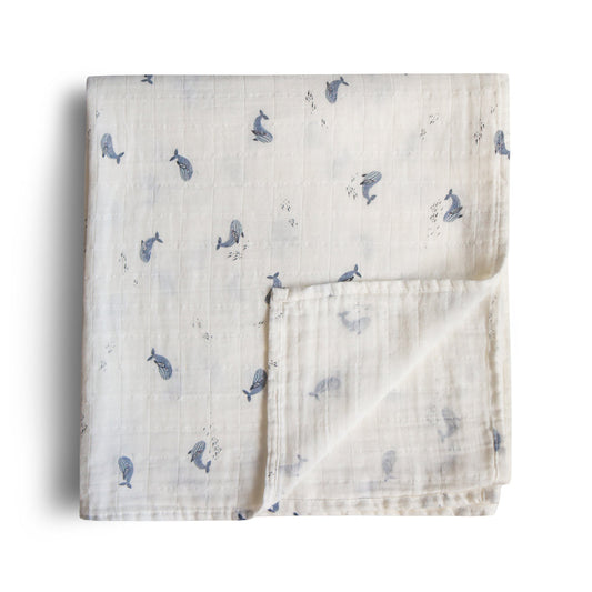 Mushie Organic Cotton Muslin Swaddle Blanket- Whales