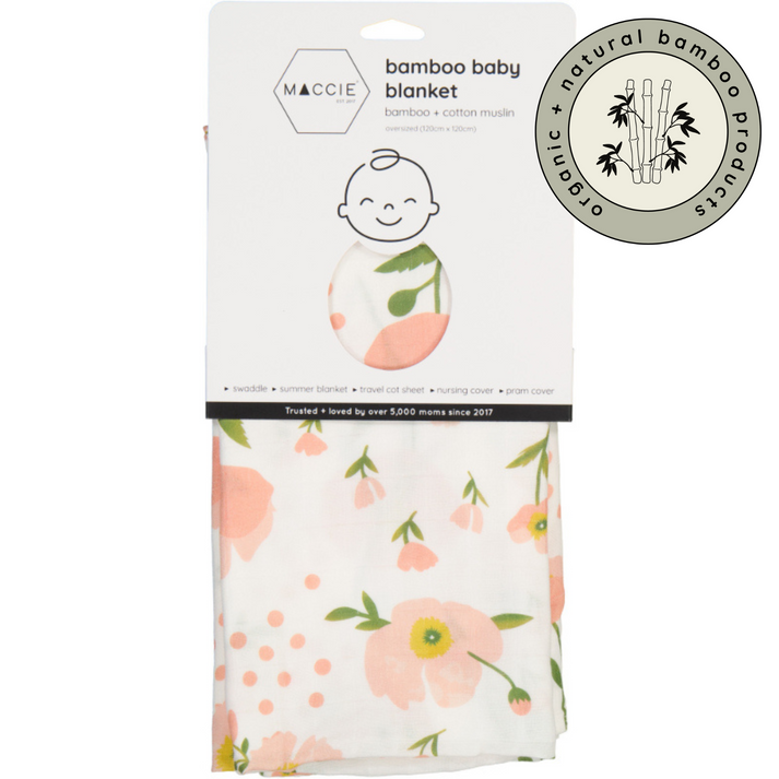 MACCIE bamboo muslin swaddle baby blanket | pink poppy flowers