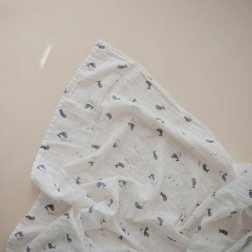 Mushie Organic Cotton Muslin Swaddle Blanket- Whales